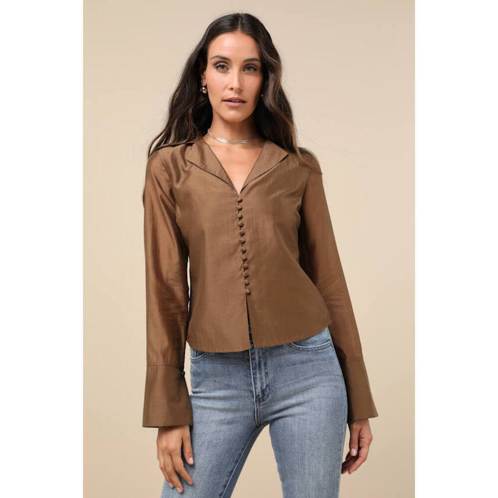 Lulus Poised Essence Brown Collared Button-up Long Sleeve Top - Size S